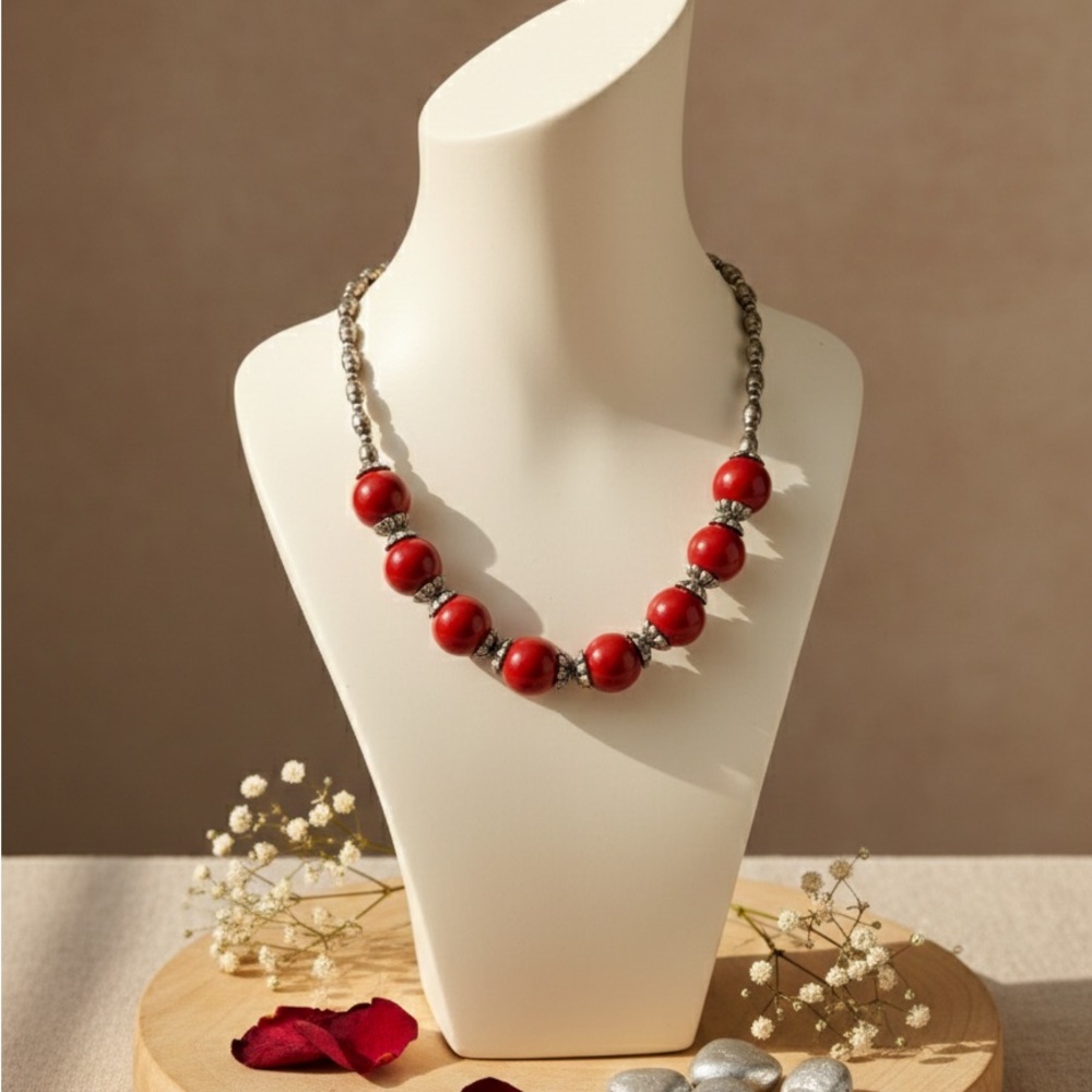 Vintage Cherry Red Glass Beaded Statement Necklace